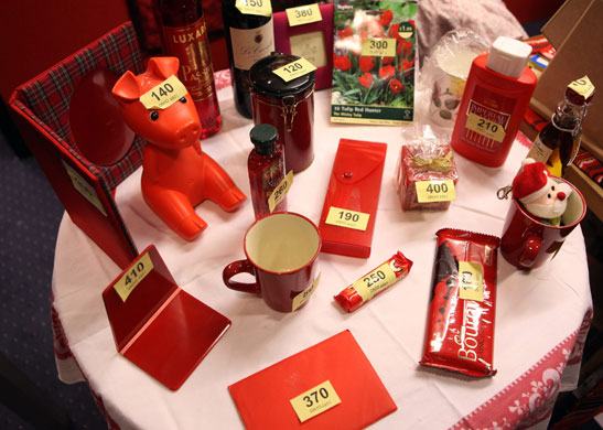 Labour Party Conference: Assorted red items are offered as prizes in a raffle