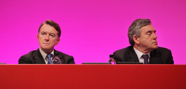 Labour Party Conference: Business Secretary Lord Mandelson, left, sits next to PM Gordon Brown 