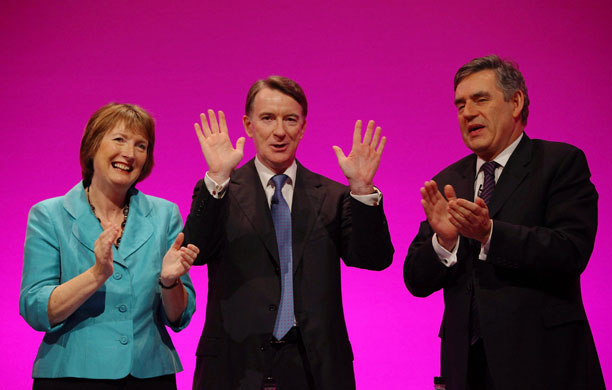 Labour Party Conference: Lord Mandelson is congratulated by Gordon Brown and Harriet Harman
