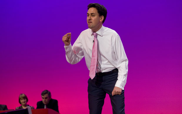 Labour party conference: Energy Secretary Ed Miliband speaks on the conference platform