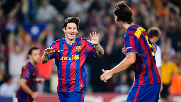 Tuesday 2 Champion League: Zlatan Ibrahimovic and Lionel Messi celebrate Messi's goal