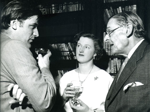 TS Eliot exhibition: TS Eliot, his wife Valerie and Ted Hughes at the Faber cocktail party