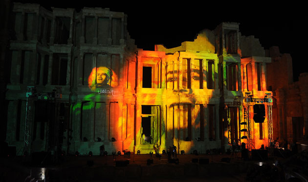 3 September 2009: Libya: Portraits of Gaddafi on the Ancient Roman Theatre of Sabratha