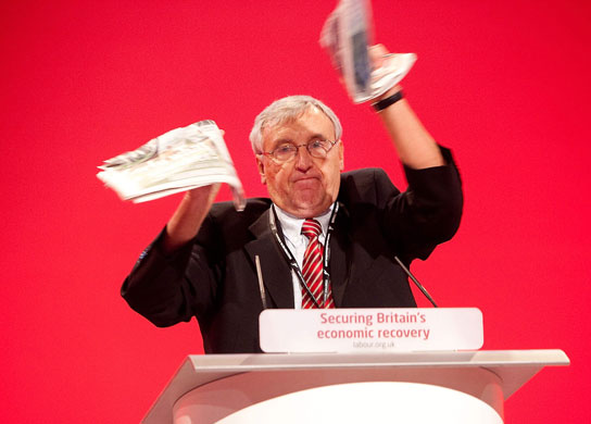 Labour conference day 4: Tony Woodley Joint General Secretary of Unite tears up a copy of The Sun