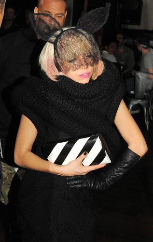 Bunny ear fashion: Lady Gaga, after performing at the Brixton Academy in London - bunny ears