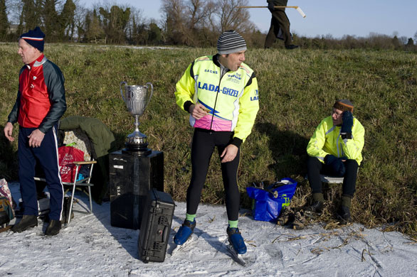 Skating on the fens: A competitor eats a snack bar