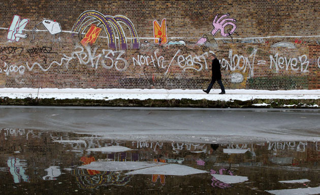 snow update: partially frozen canal near Old Ford Dock near Stratford in East London