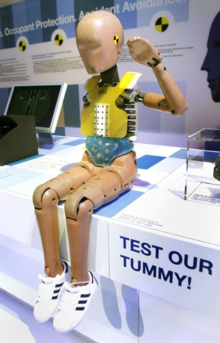 Detroit motor show: A child-size crash test dummy is exhibited at the Ford stand