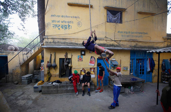wrestling: Wrestlers train at a gymnasium in New Delhi