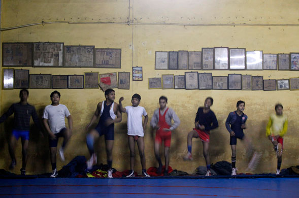 wrestling: Wrestlers train at a gymnasium in New Delhi