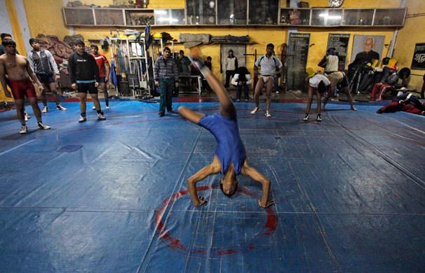 wrestling: Wrestlers train at a gymnasium in New Delhi