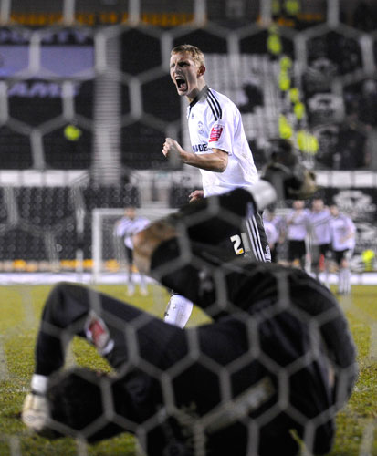 FA Cup 3rd Round: Derby County's Dean Moxey celebrates scoring the winning penalty