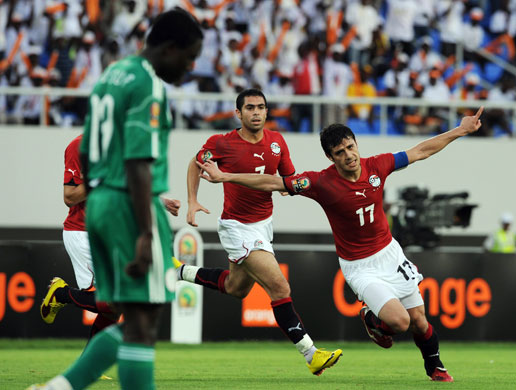 24sport: Egypt captain Ahmed Hassan celebrates after scoring from 25 yards