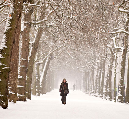 Snow again: A woman walks through St James's Park in central London
