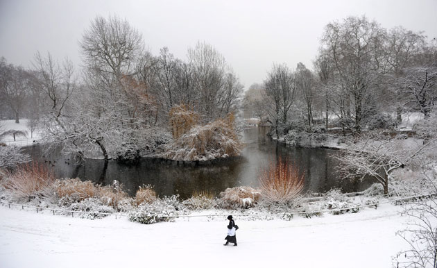Snowing again: A woman walks through the snow in St James' Park in London 