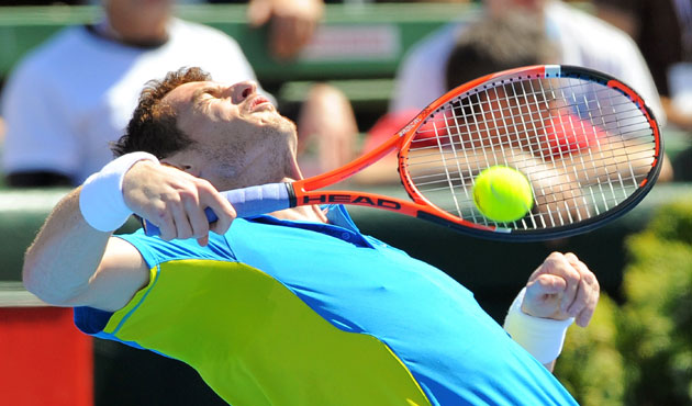 24sport: Andy Murray takes evasive action to avoid a serve from Sam Querrey 