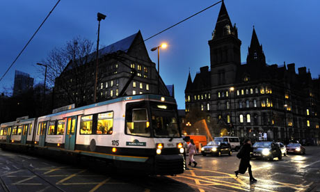A tram in Manchester city centre 