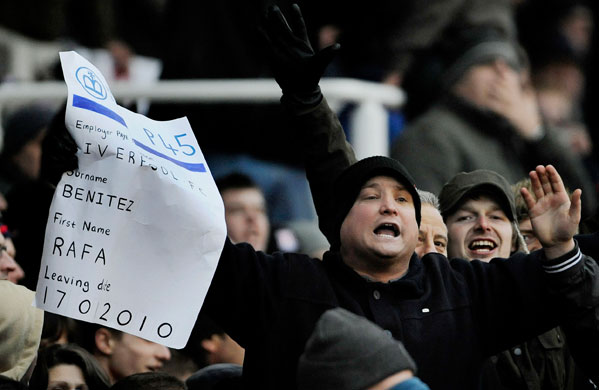 Stoke v Liverpool: A Stoke fan tries to rile Rafa with a fake P45 