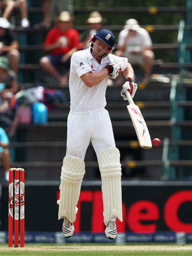 South Africa v England: Paul Collingwood of England is hit by a high ball off the bowling of Morkel