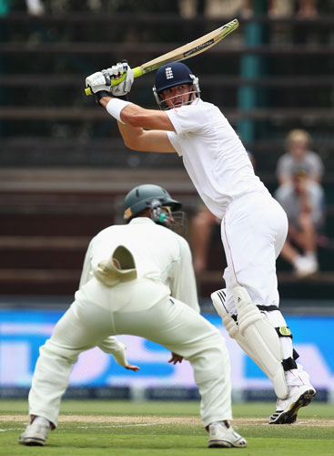 South Africa v England: Kevin Pietersen hits out as Hashim Amla of South Africa looks on 