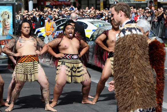 Prince William down under: Prince William watches a traditional Maori greeting 