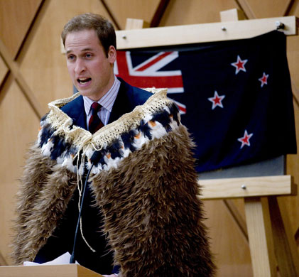 Prince William down under: Prince William wears a cloak of kiwi feathers