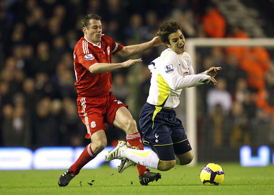 Wednesday Footie: Jamie Carragher challenges Spurs' Niko Kranjcar 