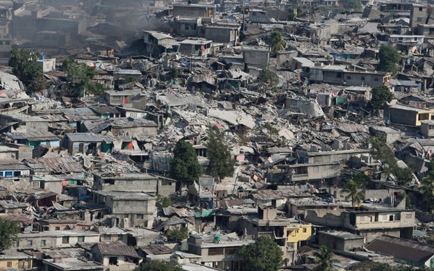 Aerial views of Haiti: Collapsed buildings in Port-au-Prince 