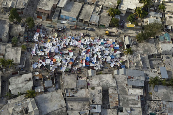 Aerial views of Haiti: Makeshift tents in Port-au-Prince, Haiti