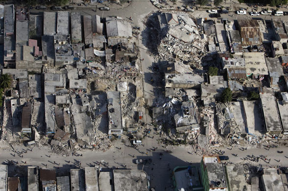 Aerial views of Haiti: Damaged buidlings in downtown Port-au-Prince