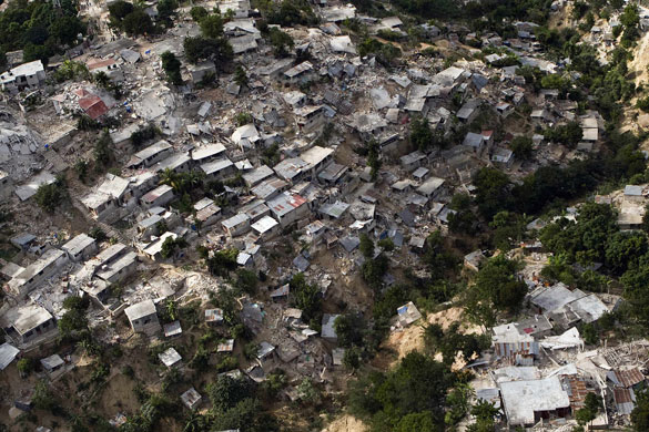 Aerial views of Haiti: Destroyed buildings the day after the earthquake in Port-au-Prince