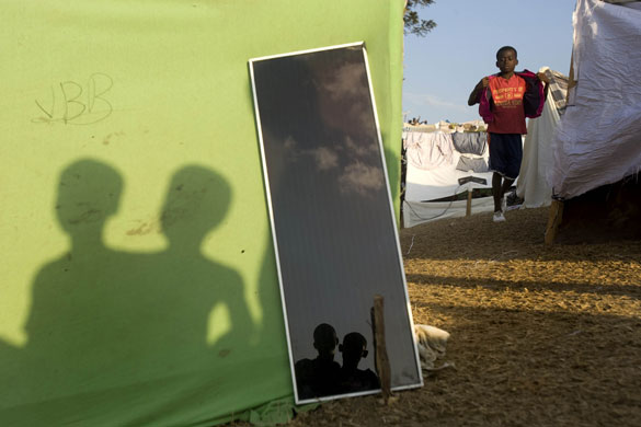 Camps in Haiti: Solar panel  left to charg in a camp in Port-au-Prince, Haiti