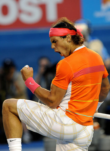 Murray v Nadal Qtr Final: Nadal celebrates winning a point