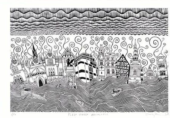 oxfam haiti auction: Radiohead  Fleet Street Apocalypse linocut, for Oxfam by Stanley Donwood