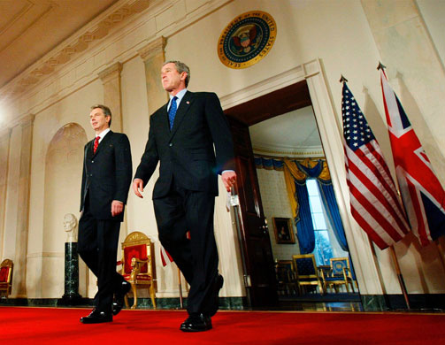 2003 Three Months to war: President Bush and Prime Minister Blair arrive for a joint Press Conference