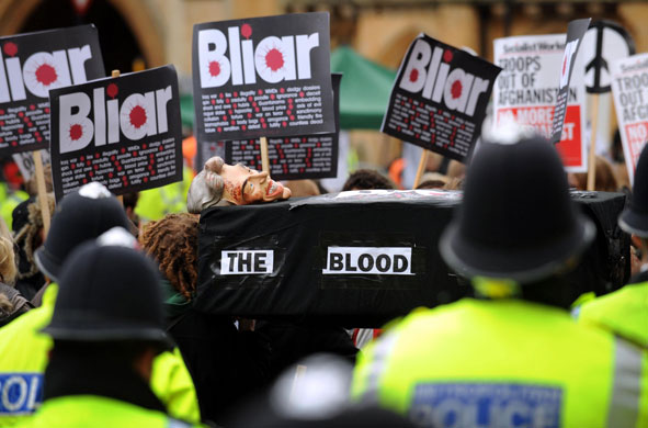 Anti-Blair protests: Demonstrators protest outside the Queen Elizabeth II Conference Centre