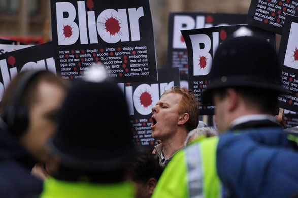 Anti-Blair protests: Demonstrators outside the Queen Elizabeth II Conference Centre 