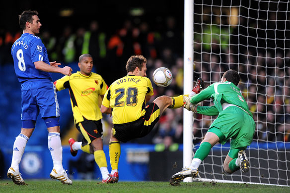 FA cup 3rd round: Watford's John Eustace, centre, puts the ball past his own goalkeeper 