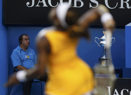 Aussie Open Women's Final: The champion's trophy sits courtside at the Australian Open tournament