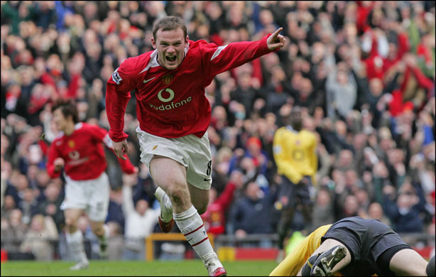Rooney's goals: Rooney celebrates against Arsenal