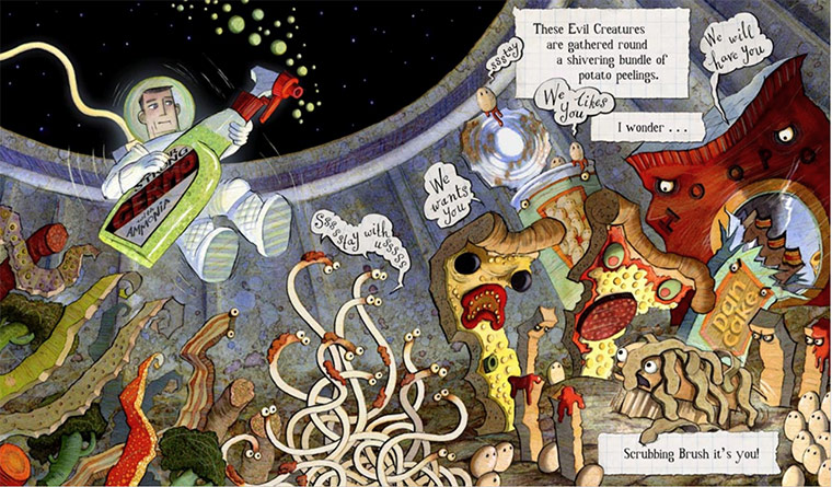 Mini grey books gallery: Traction Man is rescuing Scrubbing Brush from the Bin