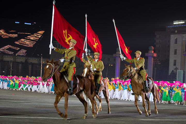 North Korea night square: Military guards in Kim Il-Sung Square