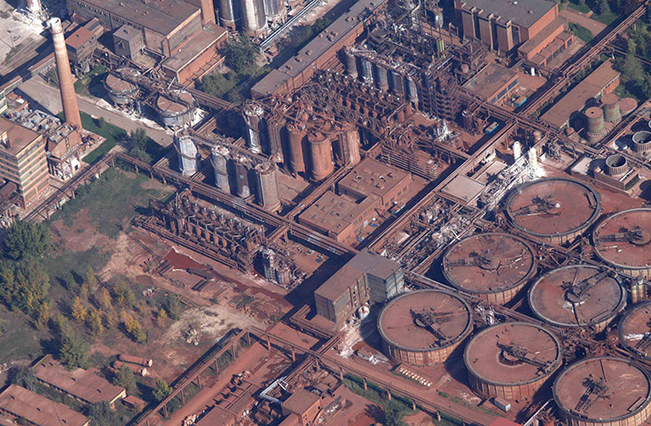sludge: An aerial view shows the alumina plant from which the red mud burst
