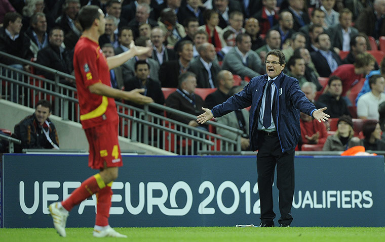 England v Montenegro 3: Fabio Capello complains to the linesman after a handball was not given