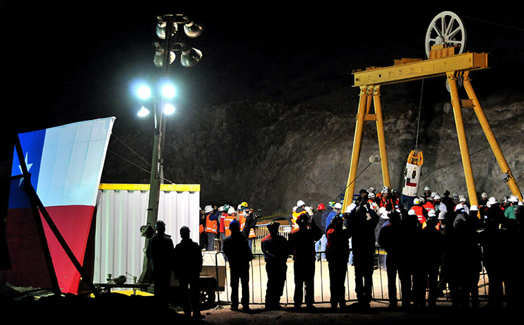 chile miners rescued: The Fenix capsule carrying miner Florencio Avalos surfaces