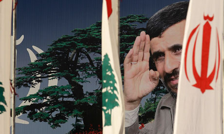 A poster of Mahmoud Ahmadinejad set up in Beirut for his visit