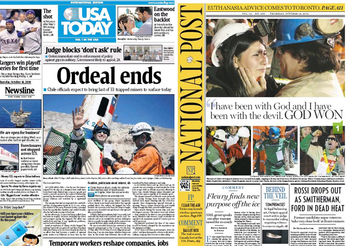 Chile Miners Fronts: USA TODAY and Canada's National Post