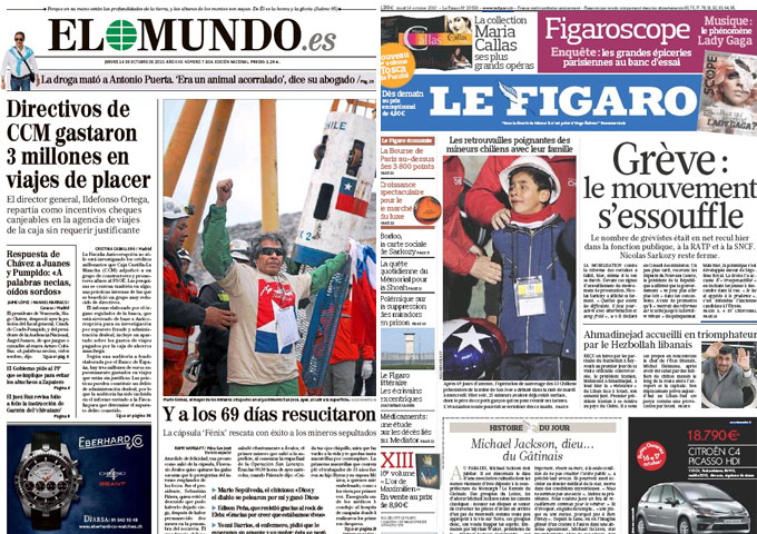 Chile Miners Fronts: Spain's El Mundo and France's Le Figaro