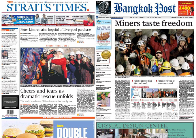 Chile Miners Fronts: Singapore's straits times and Thailand's Bangkok Post 