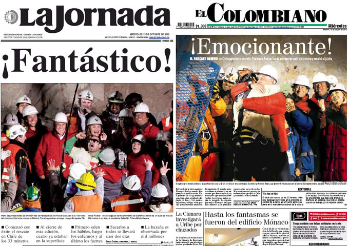 Chile Miners Fronts: Mexico's La Jornada and Columbia's El Colomubiano